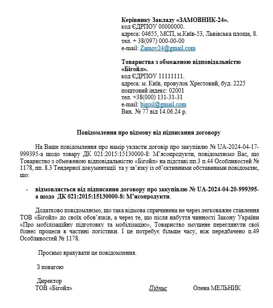 Відмова переможця торгів від підписання договору – зразок