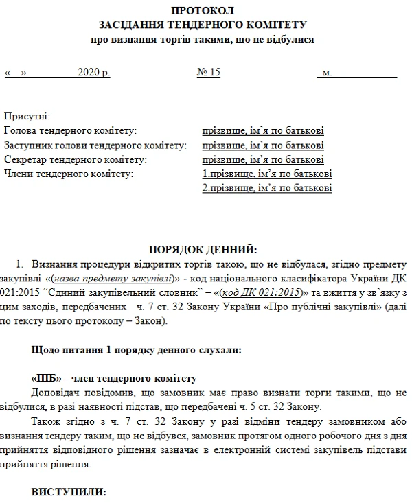 Зразок протоколу про визнання торгів такими що не відбулися Приклад протоколу про визнання торгів такими що не відбулися