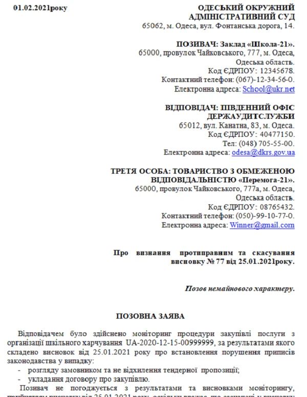 Зразок позову про скасування висновку ДАСУ Зразок позову про скасування висновку Держаудитслужби