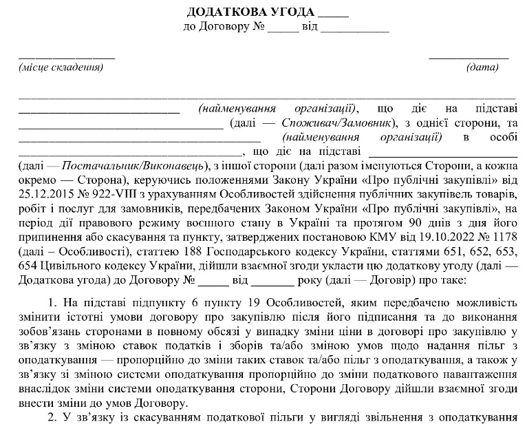 Додаткова угода про зміну ціни договору: скачайте свій зразок
